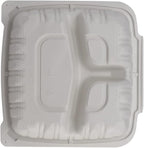 TIYA Clamshell Food Containers - White Bulk 150 Pack, 8x8 in - 3-Compartment To-Go Containers - Microwavable Plastic with Hinged Lid - Great for Meal Prep - BPA-Free