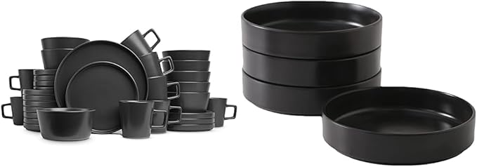 Stone Lain 32-Piece Black Matte Dinnerware Set + 4-Piece Black Stoneware Pasta Bowl Set