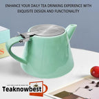 Ceramic teapot, 19oz Tea pot for loose leaf tea, Tea infuser pot with Removable 18/8 Stainless Steel Infuser and teaspoon, Suitable for 1-2 people to brew tea or coffee (azure)