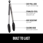 GORILLA GRIP Stainless Steel Heat Resistant Kitchen Tongs for Cooking, 9 + 12 Inch, Set of 2 BBQ Tong, Non Scratch Silicone Tip for Pan, Strong Grip, Grab Food, Toss Salad, Air Fryer, Pull Lock, Black