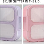 Kids Glitter Snack Container - Mini Bento Lunch-Box, Small Leakproof Container Boxes for Toddlers Girls Snacks Lunches, 3 Compartment - School Daycare Portion Containers, Pink Purple Sparkle Set of 2