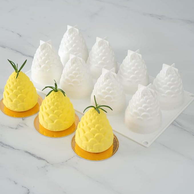 Pastry Tek 8 Cavities Pineapple Mold, 1 Oven-Ready Pineapple Jello Mold - Flexible, Freezable, White Silicone Tropical Fondant Mold, Easy Release, For Baking - Restaurantware