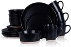 Stone Lain Jules Modern Stoneware 16-piece Round Black Dinnerware Set, Plates and Bowls Sets, Dish Set for 4, Black