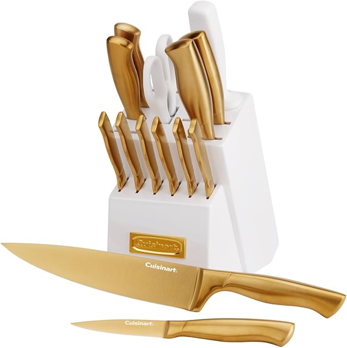 Cuisinart Professional Block Knife Set, 15pc Cutlery Knife Set with Steel Blades for Precise Cutting, Lightweight, Stainless Steel, Durable & Dishwasher Safe (White/Gold)
