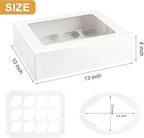Kucoele 12 Count Cupcake Boxes, 12 Pack White Cupcake Containers with Windows and Inserts, Disposable Cupcake Carriers for Muffins, Treats, Pastries, 13 x 10 x 4 Inches