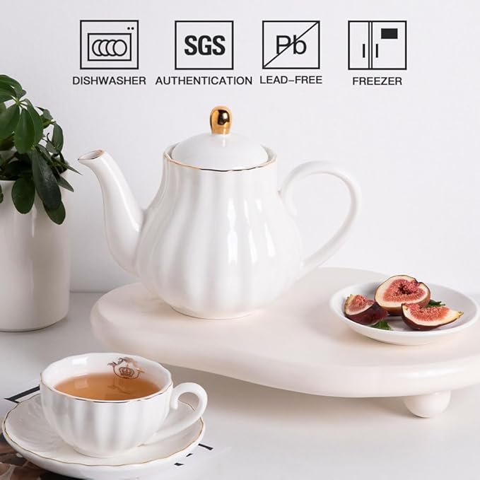 Sweejar Royal Teapot, Ceramic Tea Pot with Removable Stainless Steel Infuser, Blooming & Loose Leaf Teapot - 40 Ounce (White)