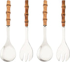 Serving Spoon and Fork Set, 304 Stainless Steel Serving Utensils with Natural Bamboo Handle, 10" Long Handle Serving Set for Kitchen Party Buffet, 4 Pieces / 2 of Each