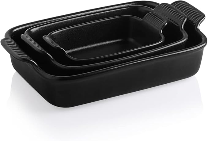 Sweejar Baking Pans Set, Ceramic 9x13 Baking Dish with Handle, Rectangular Casserole Dishes for Oven, Bakeware Sets of 3, Durable Lasagna Pan Deep for Kitchen, Banquet, Wedding Gift(Black)