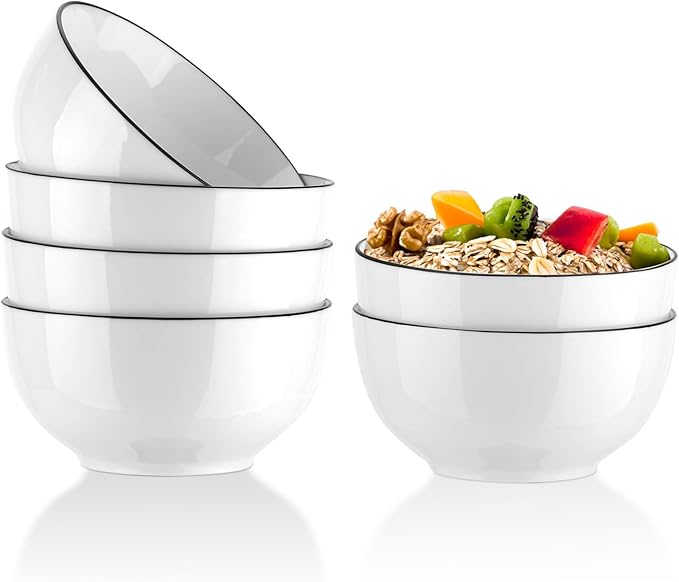 YOLIFE 26 Ounce Cereal Bowls, Ceramic Soup Bowls Set of 6, 6 inch White Salad Bowl for Breakfast, Oatmeal, Rice, Pasta, Dishwasher Microwave Oven Safe(Black Trim)