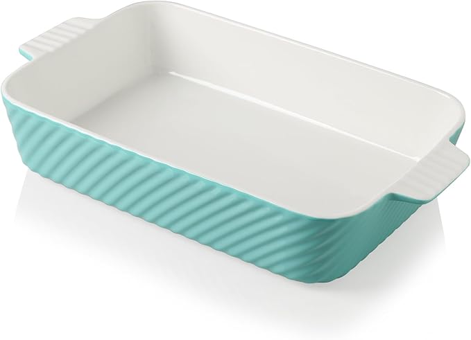 Sweejar Ceramic 13 x 9 Baking Pan, Cake Baking Dish for Brownie, Porcelain Striped Casserole Dishes for Oven with Handle for Lasagna, Family Dinner(Turquoise)