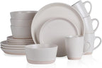 Stone Lain Jules Stoneware Dinnerware, Plates and Bowls, Dish Set for 4, Off White, Microwave & Dishwasher Safe, 16-Piece