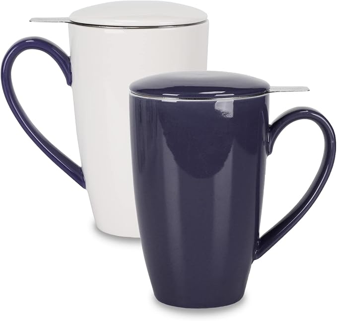 amhomel Porcelain Tea Mug with Infuser and Lid, 16 Ounce Ceramic Tea Cup for Loose Leaf, Coffee, Cocoa and Milk, Tea Gift for Tea Lovers, Set of 2(Navy Blue and White)