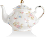Sweejar Ceramic Teapot with Infuser, Floral Relief Gold Rimmed Teapot, 29 OZ Porcelain Tea Pot for Blooming and Loose Tea, Coffee...(Small Flower)