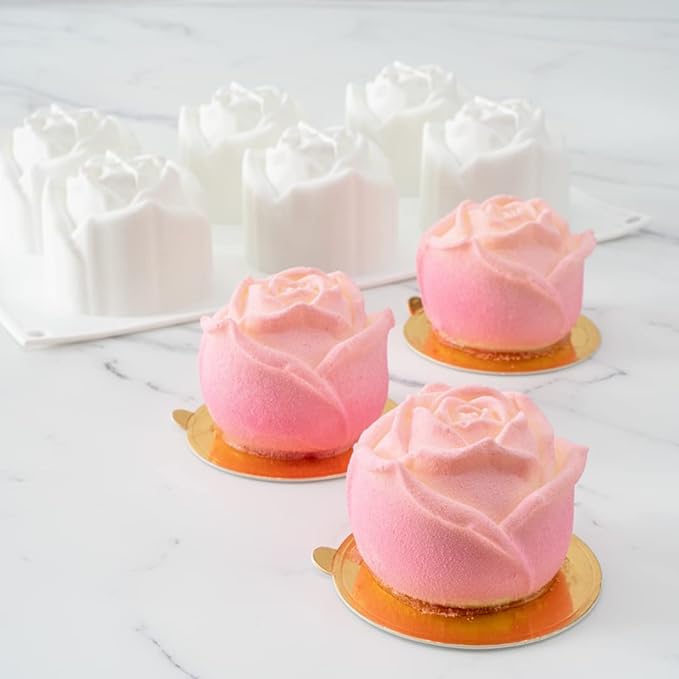 Pastry Tek 6 Cavities Rose Baking Molds, 10 Oven-Ready 3D Rose Molds - Flexible, Freezable, White Silicone Chocolate Molds, Easy Release, For Making Candies or Chocolates - Restaurantware