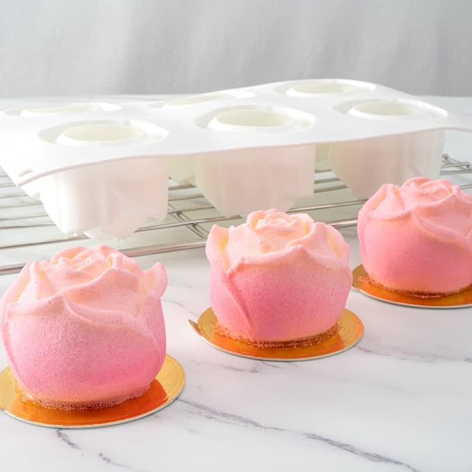 Pastry Tek 6 Cavities Rose Baking Molds, 10 Oven-Ready 3D Rose Molds - Flexible, Freezable, White Silicone Chocolate Molds, Easy Release, For Making Candies or Chocolates - Restaurantware