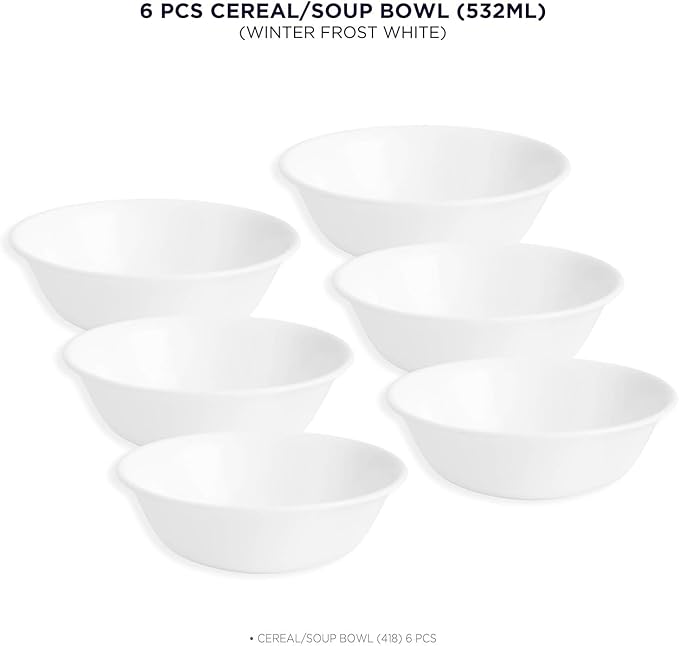 Corelle Vitrelle 6-Piece Soup/Cereal Bowl Set Triple Layer Glass and Chip Resistant, 18-Oz Lightweight Round Bowls, Winter Frost White