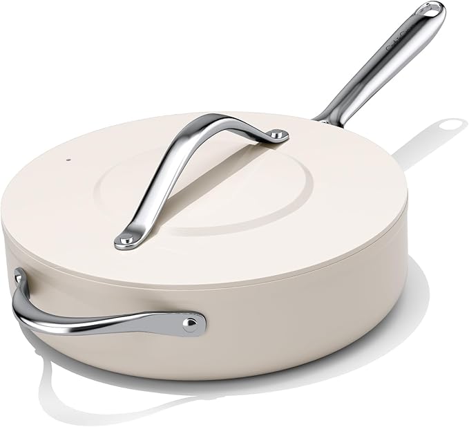 Nonstick Ceramic Sauté Pan with Lid (4.5 qt, 11") Deep Frying Pan for All Cooktops Non Toxic Skillet PTFE/PFOA/PFAS Free, Even Heat Distribution, Oven Safe w/Stay-Cool Handle, Cream