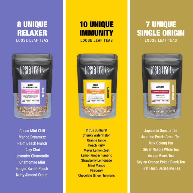 Tiesta Tea - Tiesta Tastings Sampler Dry Flight Set, Loose Leaf, High to No Caffeine, Makes Hot and Iced, Assorted Tea Sets with Herbal, Chai, Fruit Blend & More, 45 Resealable Sample Pouches
