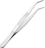 uxcell 8-Inch Stainless Steel Tweezers with Curved Pointed Serrated Tip Daily Garden Tool