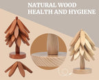 Tree Shape Wooden Trivets for Hot Dishes, 4 Wooden Trivets + 1 Stand stored Like a Christmas Tree，for Easy Storage，Multifunctional Ornaments (Walnut Brown)