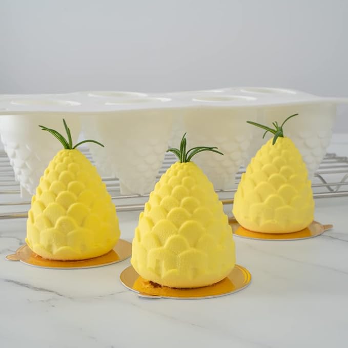 Pastry Tek 8 Cavities Pineapple Mold, 1 Oven-Ready Pineapple Jello Mold - Flexible, Freezable, White Silicone Tropical Fondant Mold, Easy Release, For Baking - Restaurantware