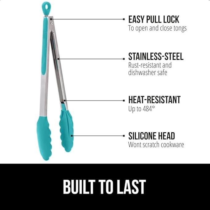 GORILLA GRIP Stainless Steel Heat Resistant Kitchen Tongs for Cooking, Set of 2 BBQ Tong, Non Scratch Silicone Tip for Pans, Strong Grip, Grab Food, Salad, Air Fryer, Pull Lock, 7 + 9 Inch, Turquoise