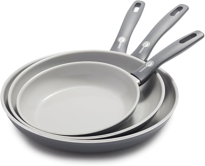 GreenPan Dover 8” 10” and 12” 3 Piece Frying Pan Skillet Set, Non-Toxic PFAS-Free Ceramic Nonstick Coating, Sear Saute Fry Egg Omlete, Dishwasher & Oven Safe, Stay Cool Handle, Easy Pour Rims, Gray