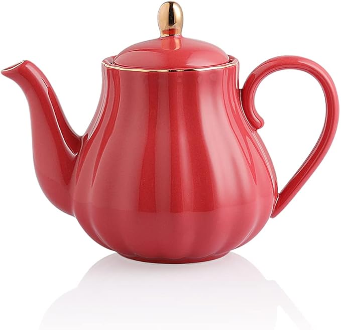 Sweejar Royal Teapot, Ceramic Tea Pot with Removable Stainless Steel Infuser, Blooming & Loose Leaf Teapot - 28 Ounce(Red)