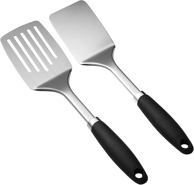Stainless Steel Spatulas Set, 2 Pack Heavy Duty Solid & Slotted Turner, Metal Spatulas for Kitchen Use, High Heat Resistant Cooking Utensils for Fish Eggs Pancakes
