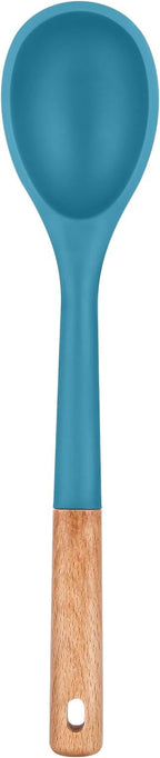Large Silicone Cooking Spoons, Nonstick Solid Wooden Handle Spoon, Heat Resistan Silicone Kitchen Spoons for Cooking, Serving, Basting, Mixing, 13.2inch (BLUE)