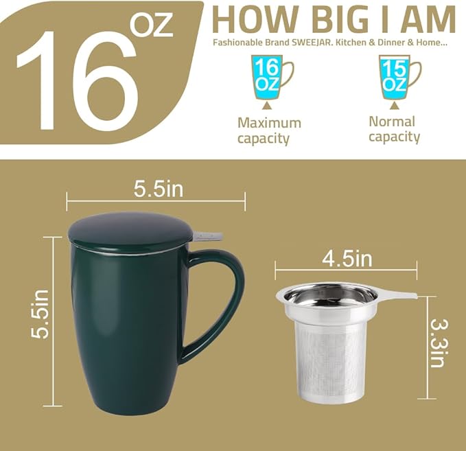 Sweejar Porcelain Tea Infuser Cup with Lid, 16 oz Tea Cup with Strainers for Loose Leaf Tea, Microwave and Dishwasher Safe Coffee Mug, Tea Steeping Mug for Tea Drinkers,Christmas Gift (Black)