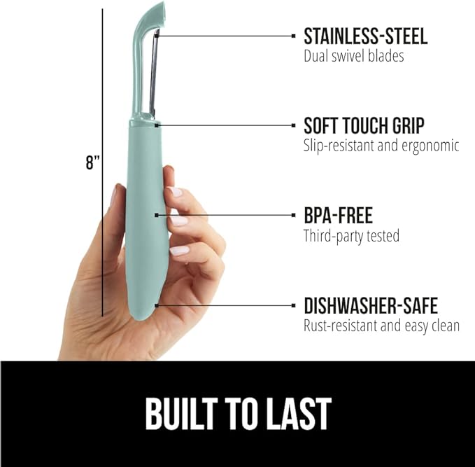 GORILLA GRIP Patented BPA-Free Sharp Stainless Steel Dual Swivel Vegetable Peeler, Soft Comfortable Handle, Smoothly Peel Apples, Potatoes, Carrots, Includes Blade Cover, Kitchen Tool Peelers, Mint