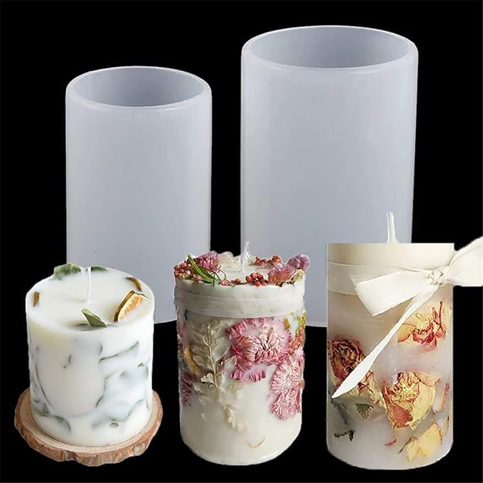 2 Pack Silicone Resin Flower & Candle Mold - Round & 3D Cylinder Molds for Handmade Candles & Soap