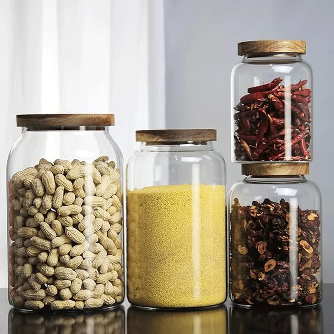 Large Glass Jars with Airtight Wooden Lid, Food Storage Glass Canister, Clear Cereal Storage Container for Flour, Sugar, Coffee Beans, Snack (67 FL OZ (2000ml))