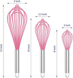 Pink Silicone Whisk, Professional Whisks For Cooking Non-Scratch, Stainless Steel & Silicone Wisk, Plastic Rubber Whisk Tool For Nonstick Cookware Pans, Silicon Wisks Set of 3