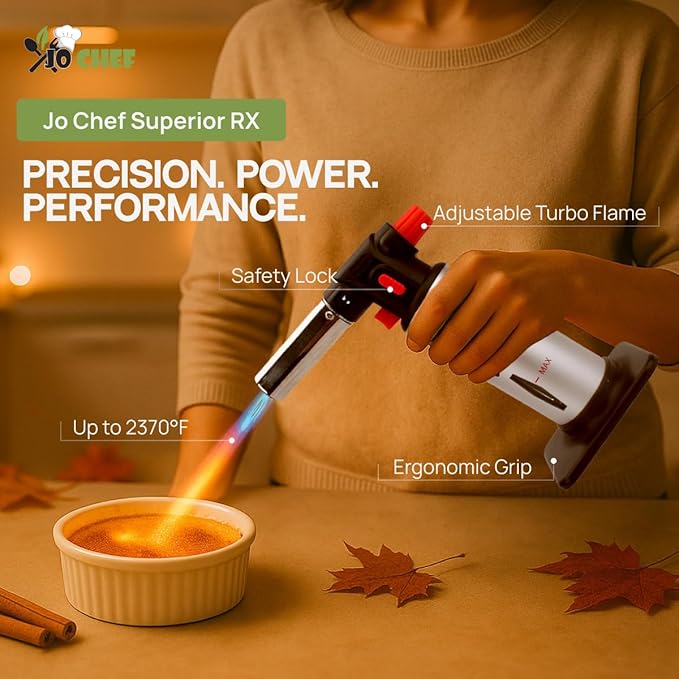 Jo Chef Kitchen Torch with Butane Included – Refillable Lighter with Safety Lock & Adjustable Flame, Blow Culinary Torch for Cooking, BBQ, Creme Brulee, DIY and Soldering - 5 Cans (3.38oz) Included