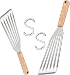 Fish Spatula Set of 2, HaSteeL Stainless Steel Slotted Spatula Turner with Riveted Wooden Handle, Professional Metal Spatulas Great for Kitchen Cooking Flipping Frying & Grilling, 2 x Hooks