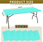 6 Pack Fitted Tablecloth for 8 Foot Rectangle Tables, Aqua Blue Elastic Outdoor Picnic Table Cover, Washable Stretch Folding Table Cloths 8 ft for Camping Party Patio Kitchen Banquet, 30" W x 96" L