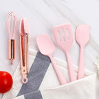 Rose Gold And Pink Kitchen Utensil Small Five-Piece Set Mini Silicone Kids Kitchen Tools Whisk Spatula Tongs Spoon And Slotted Spatula(Kids Baking Supplies)