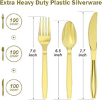 300 Count Extra Heavy Duty Gold Plastic Silverware, 100 Forks, 100 Spoons, 100 Knives, BPA-Free, Heat Resistant, Disposable Plastic Utensils Set, Plastic Cutlery Set, Plasticware Bulk