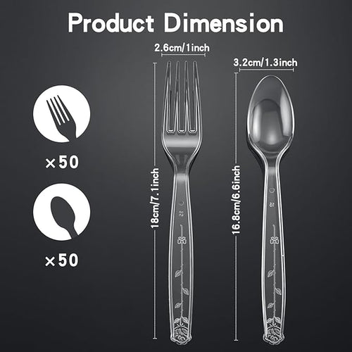 100 Count Plastic Silverware Heavy Duty 50Forks50Spoons | Shatterproof BPA-Free Disposable Cutlery Heat Resistant Disposable Plastic Utensils for Catering & Events, Party Supplies
