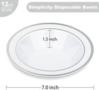 BESTVIP 100 Pack Plastic Disposable Soup Bowls, 12 oz White Dessert Bowls with Silver Rim, Heavy-duty Salad Bowl for Party, Wedding, Christmas, Thanksgiving, Dinner, Catering