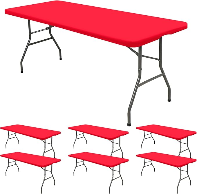 6 Pack Stretch Fabric Table Top Cap Cover, fits 8' Tables, Spandex Table Covers Washable Elastic Universal Rectangle Tablecloth Protector for Indoor Outdoor Party Picnic Wedding, Red, 30" W x 96" L