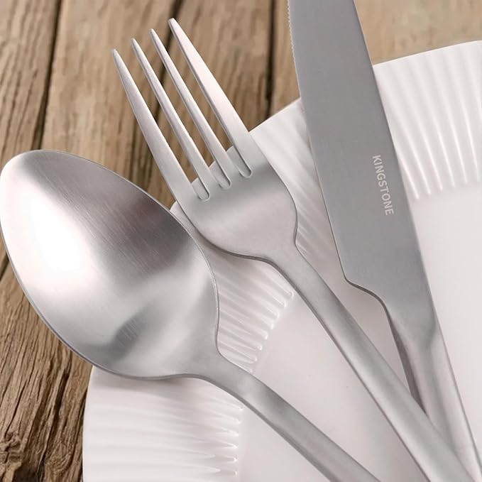 KINGSTONE Silverware Set, 20 Piece Flatware Cutlery Set for 4, 18/10 Stainless Steel Silverware Mirror Polished Dishwasher Safe for Home, Restaurant, Wedding, Party, Matte Silver