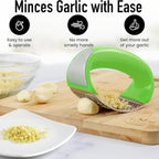 Angel's Peel Lounge Stainless Steel Garlic Press Rocker Set with Silicone Garlic Peeler & Cleaning Brush – Garlic Chopper, Mincer, Grater, Crusher – Easy for Crushed Cloves – Rust-Resistant, Green