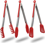HST Tongs for Cooking with Silicone Tips(3 Pack), Non Stick Kitchen Tongs with Silicone Tip for Cooking BBQ Baking (12", Red)