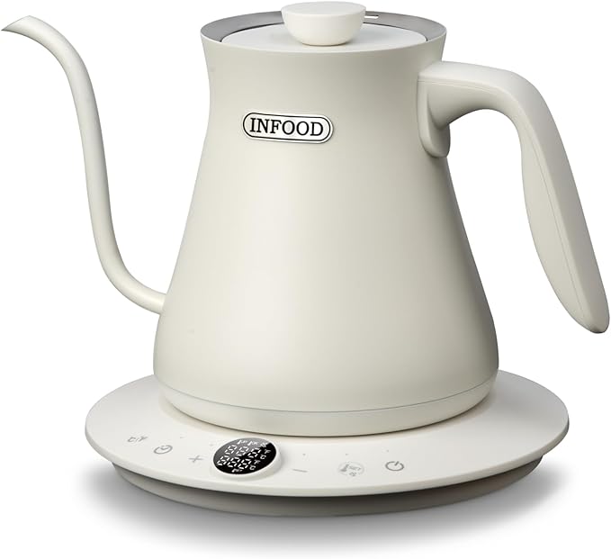 0.8L Gooseneck Electric Kettle, Precise Temperature Control for Pour Over Coffee & Tea, 1200W Fast Boiling Water, Auto Shut Off, Scheduling, Stainless Steel, White