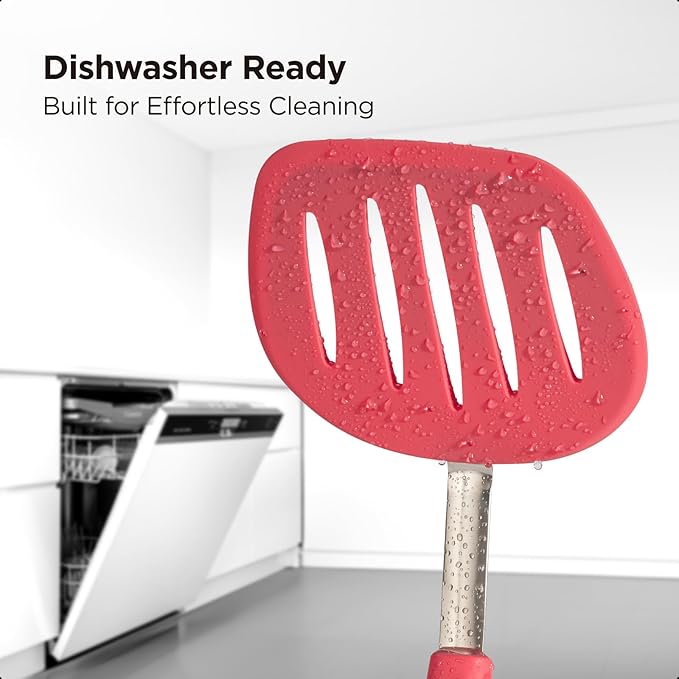 Kitchen Mama WaltzGrip Platinum Silicone Pancake Spatula Turner: Heat Resistant Flexible, Stainless Steel Core, Nonstick, Dishwasher Safe, Flipper – Ideal Kitchen Cookware for Eggs, Fish, Meat (Red)