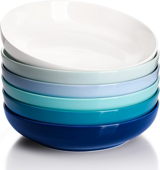 Sweese Pasta Bowls, 22 Ounce Salad Serving Bowls Set of 6, 7.6 Inch Porcelain Plates for Serving Dinner, Salad - Microwave Dishwasher Safe, Cool Assorted Colors