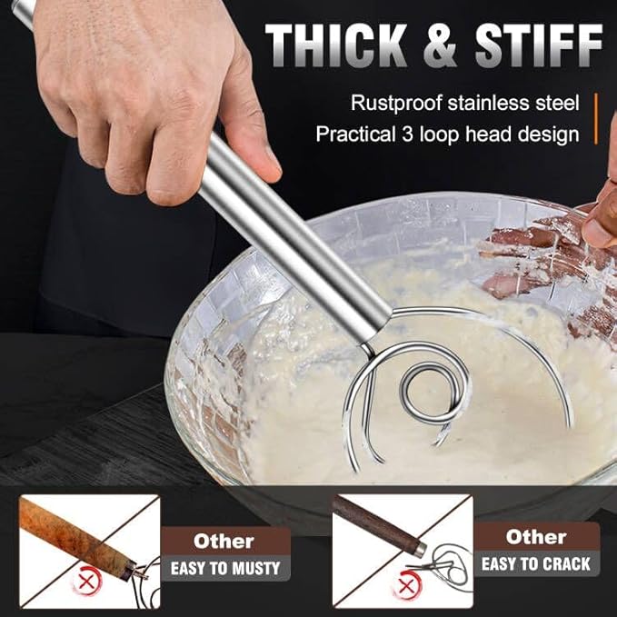 Walfos Danish Dough Whisks, Rustproof Stainless Steel Bread Whisk, Quick Mixing Bread Mixer, Dutch Dough Whisk for Cooking, Blending, Whisking, Stirring, Sourdough, Pizza, Pastry, Cake Batter（2pcs)